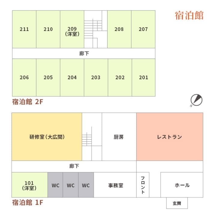宿泊館の館内図。1階に研修室（大広間）・レストラン・フロント・ホール、2階に客室201〜211