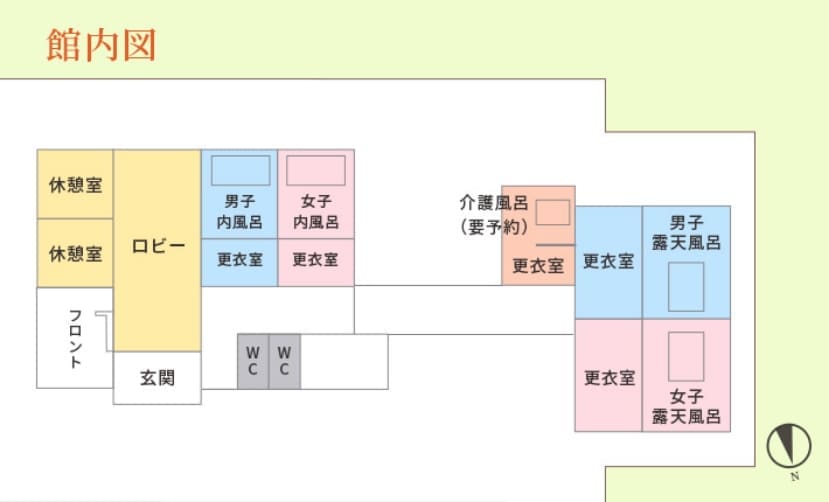 温泉館の館内図。玄関・フロント・ロビー・休憩室、男女の内風呂と露天風呂、介護風呂の配置